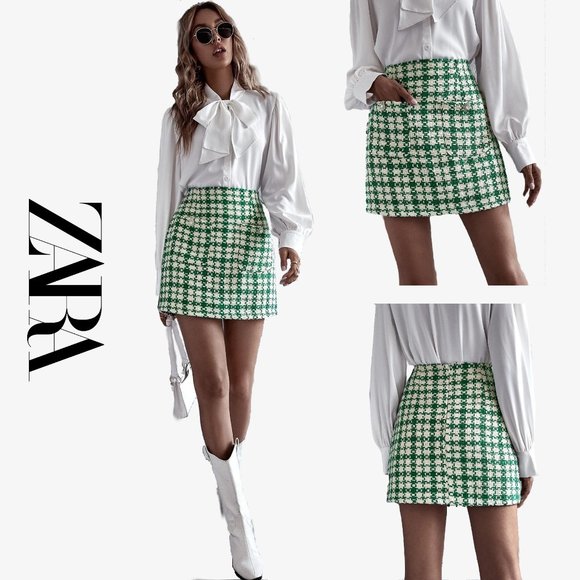 NEW Zara Tweed Green Cream Bejeweled Houndstooth Mini Skirt- Size S - Picture 1 of 14